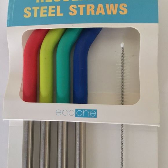 NWT STEEL REUSABLE STRAWS SET OF FOUR WITH BRUSH - Picture 4 of 9